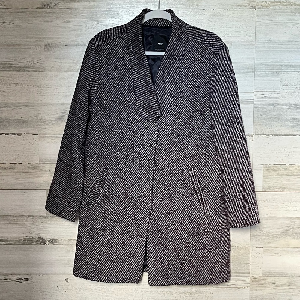 Mango MNG Herringbone Oversized Wool Mohair Longline Collared Coat Charcoal Gray